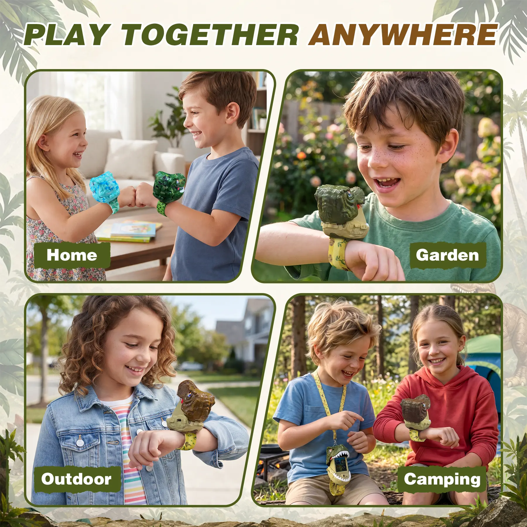 Kids using dinosaur walkie talkies at home garden outdoors and camping
