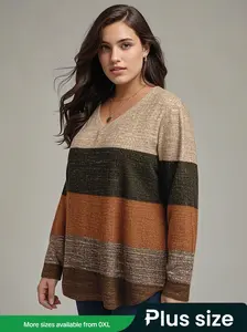 Plus Size Plaid V Neck Long Sleeve Top, Casual Loose Fit Knit Shirt for Fall & Winter, Women's Fashionable Patchwork Design, Knitwear