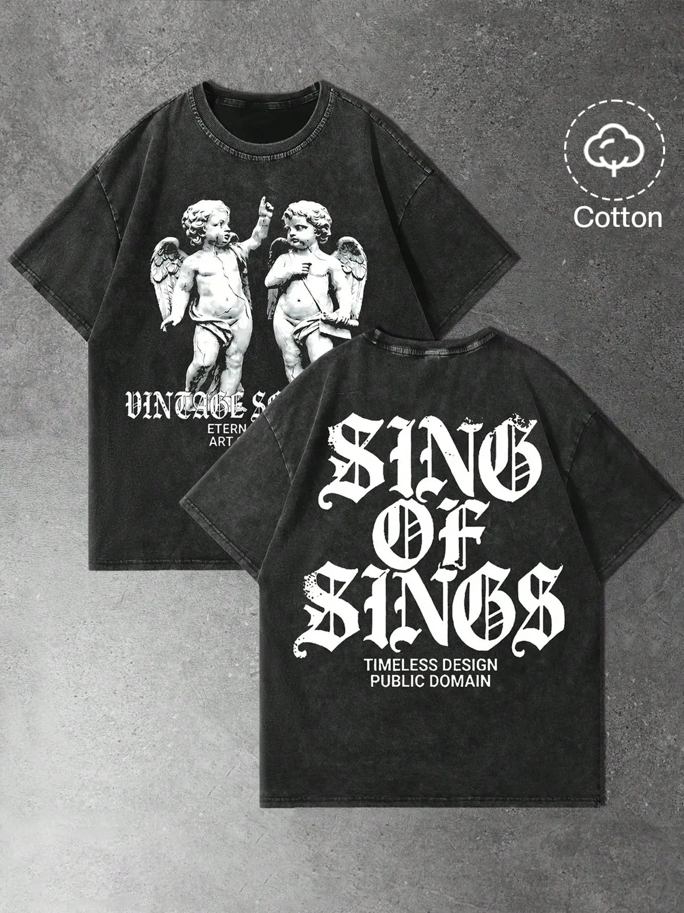 Gothic Letter Print Graphic T-Shirt - Timeless Design Public Domain Angel Art Tee - 100% Cotton Drop Shoulder Vintage Wash Streetwear - Grunge Aesthetic Loose Fit Casual Shirt