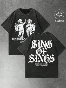 Gothic Letter Print Graphic T-Shirt - Timeless Design Public Domain Angel Art Tee - 100% Cotton Drop Shoulder Vintage Wash Streetwear - Grunge Aesthetic Loose Fit Casual Shirt