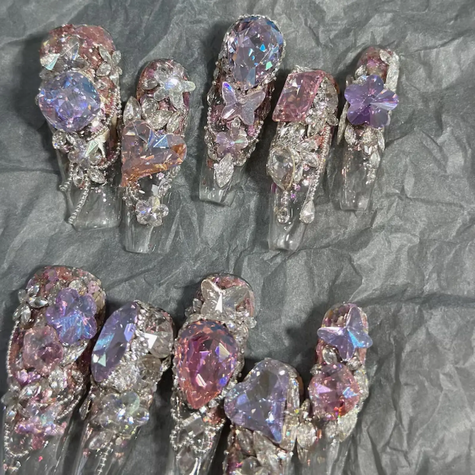 Fairy Core Pink Purple Press On Nails 3D Crystal Rhinestone Nail Art Long Glam Nails Cute Fantasy Nail Set Fantasy Purple Long Coffin Nails