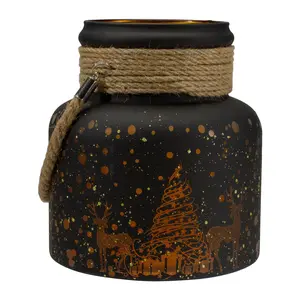Northlight 8" Gold Deer & Pine Trees Glass Candle Lantern
