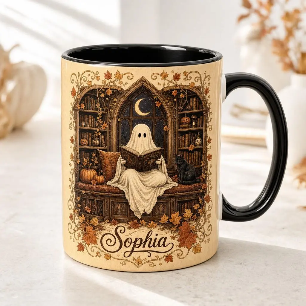 Personalized Name Mug Spooky Library Ceramic Coffee Gift Halloween