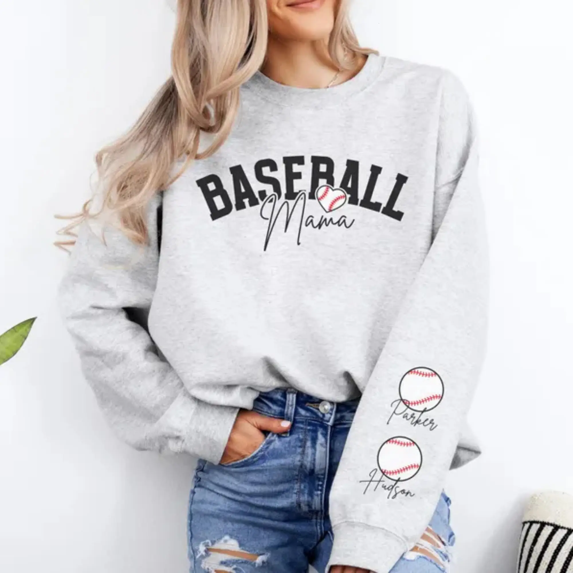 Baseball Mom Sweatshirt Baseball Mama Sweatshirt Name on Sleeve Custom Baseball Mom Gifts Baseball Sweater for Mom Baseball Sweatshirt