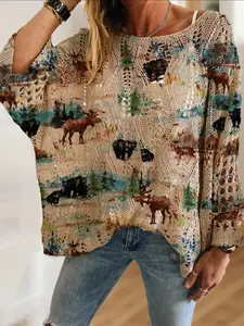 Women's Elegant Watercolor Animal Deer Bear Forest Print Knit Hollow Out Top, Casual Vacation Style, Comfortable Breathable Loose Fit