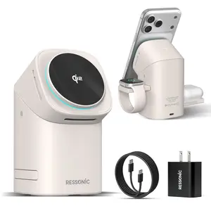 RESSONIC 3 in 1 Wireless Charging Station for iPhone & Samsung, Qi 2 Certified 15W Fast Magnetic Charger Stand with 30W Adapter for Magsafe iPhone 17/16/15/14/13/12 Pro Max, AirPods, Apple & Galaxy Watch