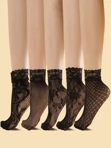 5 Pairs Of Women Lace Edge Short Fishnet Stockings, Fashionable And Suitable For Daily Use