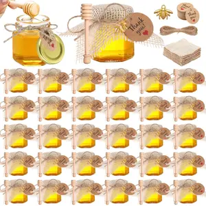50 Pcs Mini Honey Jar Set Baby Shower Prize Glass&Plastic Jars with Wooden Dipper Bee Charms Thank You Cards Burlap fabric Twine String Thank You Gift for Couple Guest,Bridal Shower Baby Shower Party Decorations,Anniversary Birthday Wedding Gifts