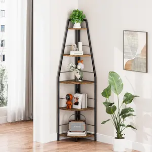 Rustic Tall Corner Ladder Shelf Stand, 5 Tier Industrial Corner Bookshelf, Narrow Large Standing Shelf, Display Wooden Shelving Unit Shelf for Living Room, Bedroom, Office (Rustic Brown)
