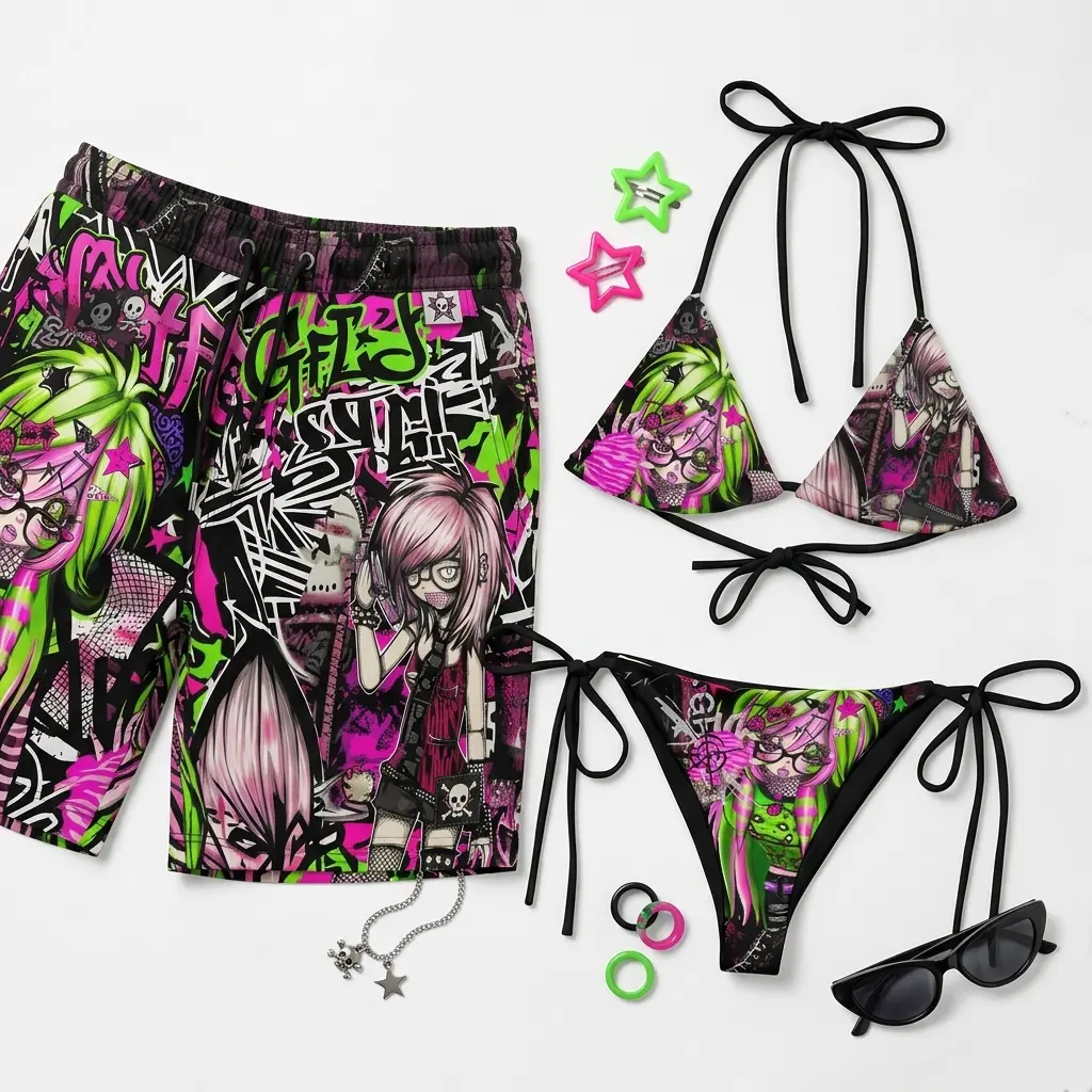Matching Couple Y2K Scene Rave Bikini Set – Custom Cyber Graphic Swimsuit Bikini & Men’s Swim Trunks, Emo Alt Aesthetic Festival Beachwear, Pool Party Summer Outfit