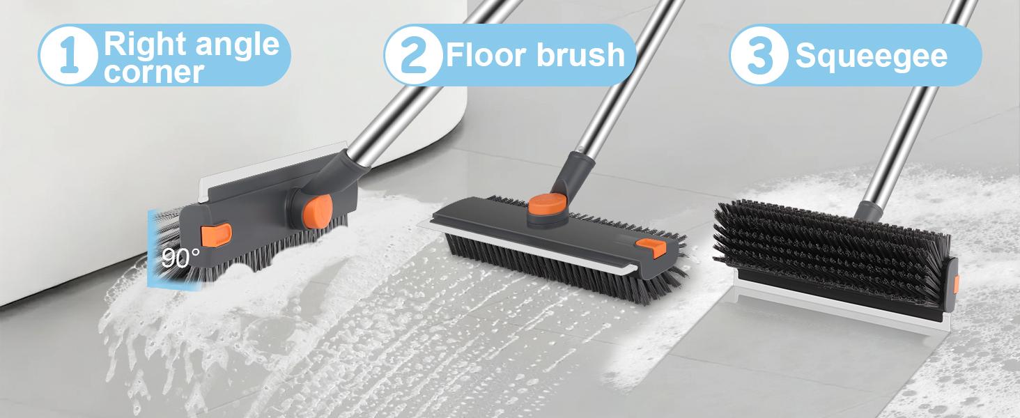 Floor Scrub Brush with Long Handle, 360° Rotating 3 in 1 Heavy Duty Floor Scrubber with Stiff Bristles, Squeegee & Tweezer, Deep Cleaning Push Broom for Bathroom, Shower, Tile, Grout, Patio, Deck, Garage, Kitchen Floor Cleaning Tool