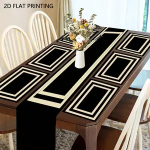 Table Runner & Placemat Black & Beige Border Print Rectangular Table Suitable for Kitchen Dining Table Indoor/Outdoor Use Elegant Neutral Table Decor