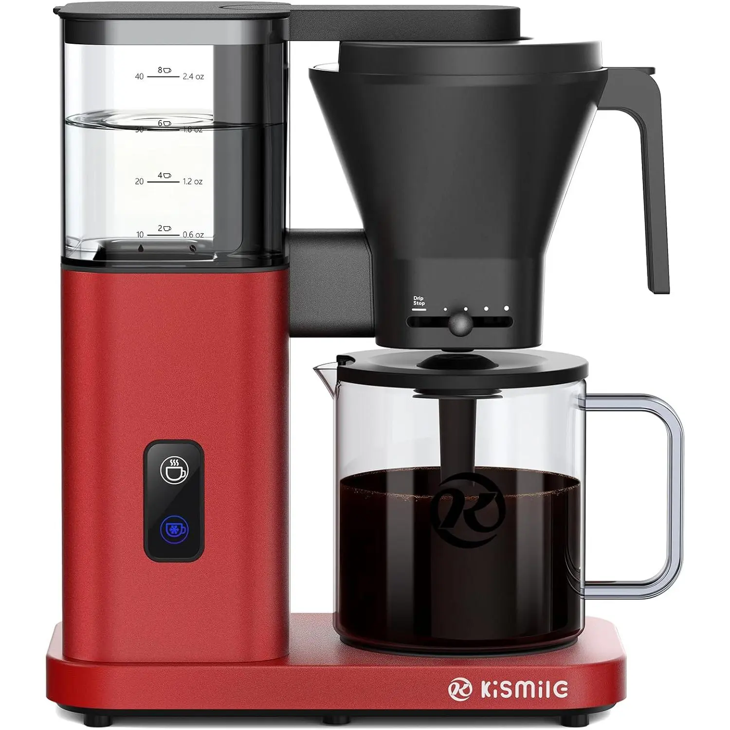 Kismile 8-Cup Secure Glass Coffee Maker - Heatable Hot & Cold Brew Pour Over Machine with Easy-Remove Water Tank, Thick-Film Heating, Spill-Proof Safety System, 20-Min Deep Immersion, 40-Min Insulation, Red Finish, Easy Cleanup, Dishwasher-Safe Parts, Fas