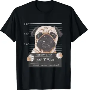 Men's Short-Sleeve Casual Graphic T-Shirt - Cute Pug Mugshot Bad Puggy Puppy Humor, Fashion Sports Top, Natural Cotton Fabric