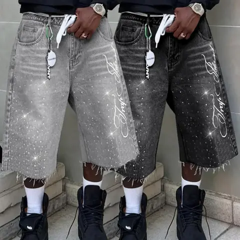 Men's Distressed Rhinestone Letter Embroidery Denim Pants - Vintage Streetwear Clothes, Knee-Length American Style Bottoms, All-Season Trimmed Jeans