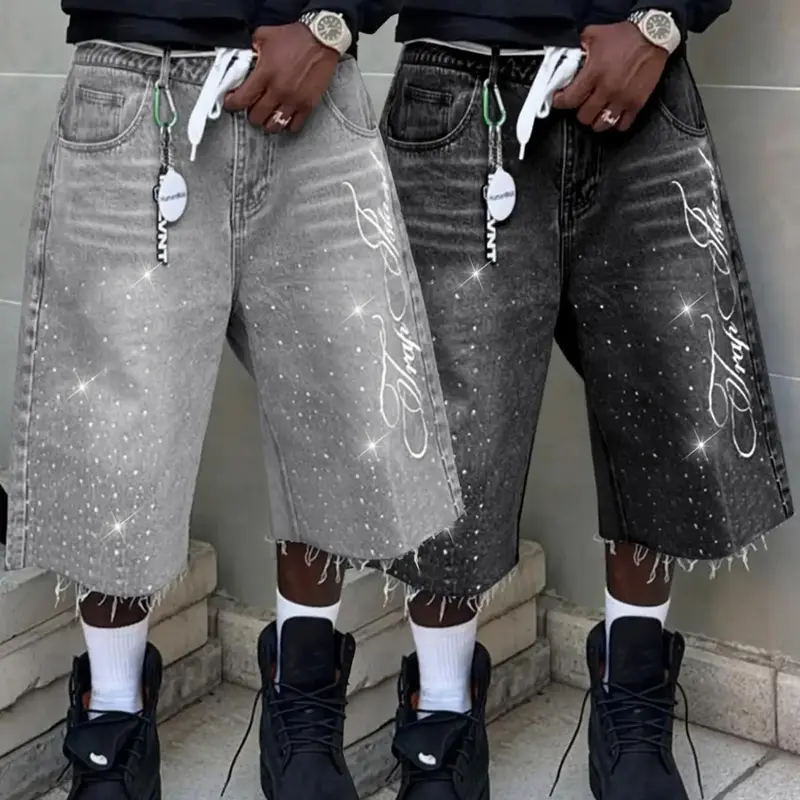 Men's Distressed Rhinestone Letter Embroidery Denim Pants - Vintage Streetwear Clothes, Knee-Length American Style Bottoms, All-Season Trimmed Jeans