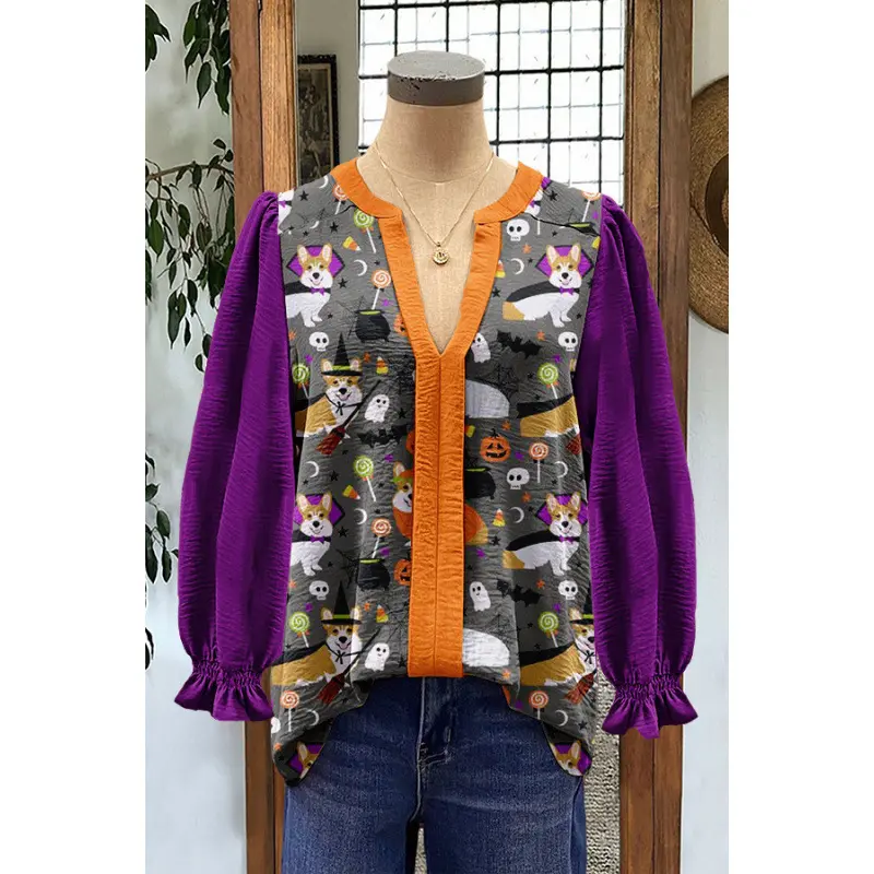 Nutcracker Print V-Neck Blouse ?C Festive Colorblock Shirt With Holiday Toy Soldier Pattern & Floral Accents Womenswear Tops length sleeve Nutcracker Print V-Neck Blouse ?C Festive Colorblock Shirt With Holiday Toy Soldier Pattern & Floral Accents Womenswear Tops length sleeve