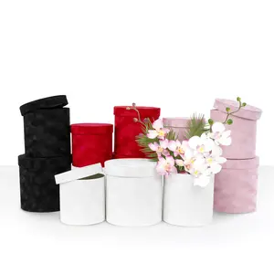 Velvet Set of 3, Round Flower/Gift Boxes with Lids, Black/White/Pink/White | W722