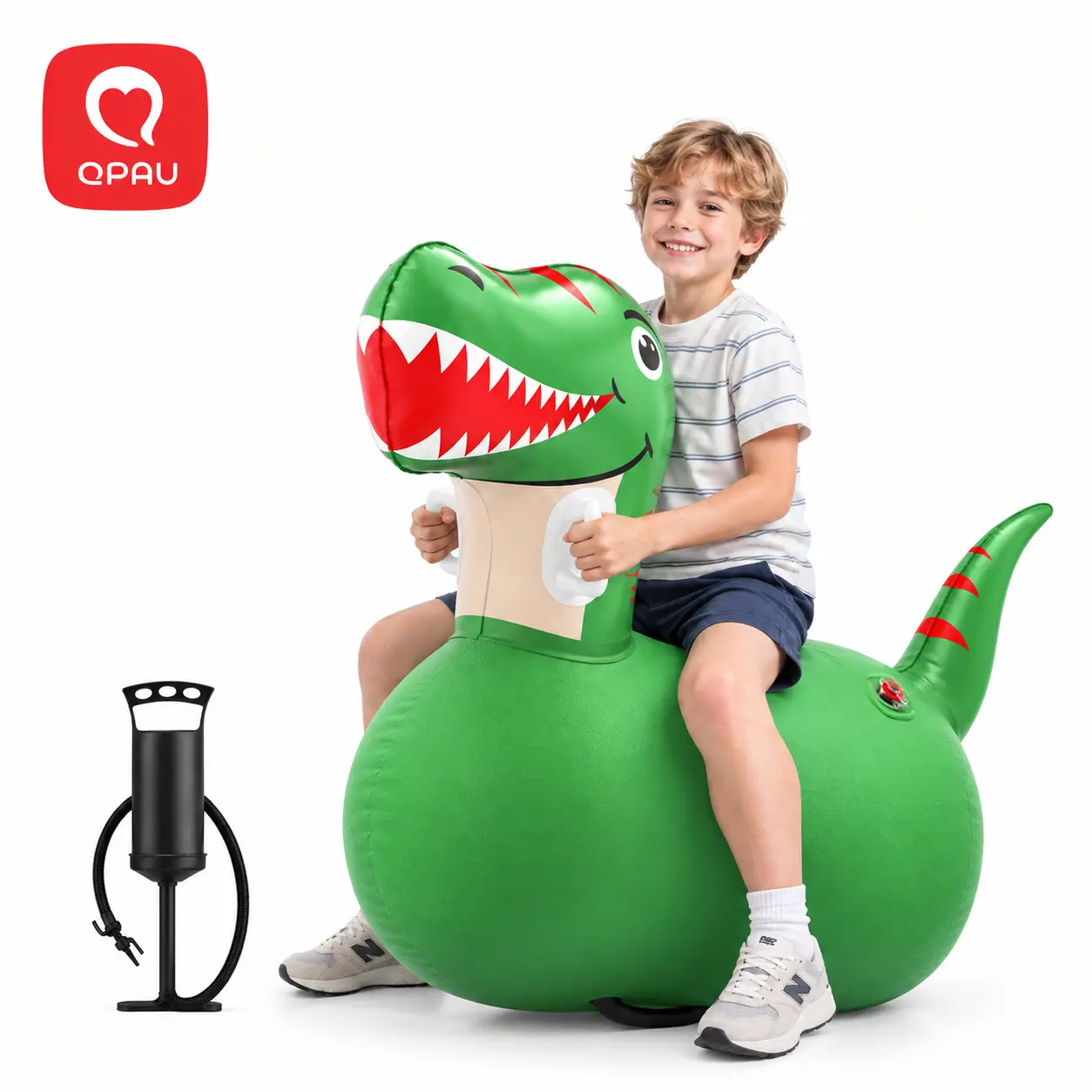 QPAU Large Dinosaur Bouncy Hopper Kiddie Inflatable Kids Toy, Home Playground Play Equipment, 5+ Ages, 220 lbs Capacity, with Hand Pump, Indoor-Outdoor Use, Cool Gifts for Kids