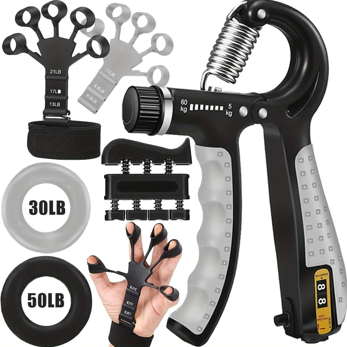 Set of 6 Grip Strength Training Tools Including Finger Exerciser, Hand Strengthener, Hand Extension Tool, And Large Forearm Workout Ring for Muscle Development