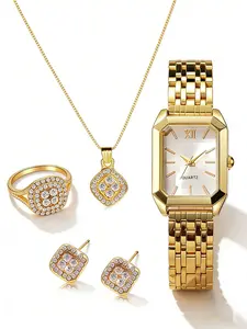 Fashion Square Gold Design Quartz Watch Set, Stainless Steel Band, Analog Display, Perfect Gift for Women, All Seasons Wear, Exquisite Watch Set