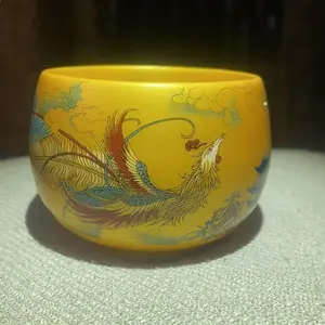 Golden Phoenix Cloud Jianzhan Cup,Chinese culture,High-temperature firing,Handcrafted ceramic cup,Wine Glass,  Kung Fu Cup - Satin Yellow Artware