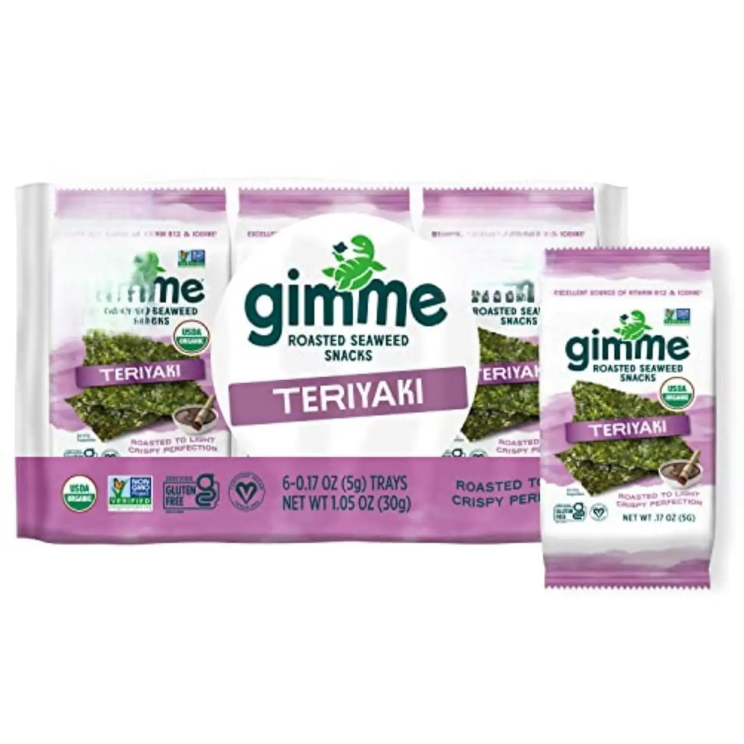 Gimme Organic Roasted Seaweed Snacks Teriyaki - 6 Pack, Keto, Vegan, Gluten-Free, Low-Cal, Omega-3 & Iodine Rich - 0.17oz Each, Sustainably Cultivated, No Artificial Flavors or Preservatives - Salt