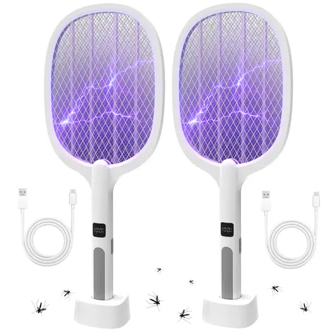 Summerwins Cordless Portable Electric Fly Swatter - 2-in-1 Anti-Mosquito Bug Swatter Electronic Mosquito Killer, 3400V High-Voltage Auto+Manual Control, 1200mAh USB-C Rechargeable Li-ion Battery, 3-Layer Safety Design, UV, Indoor/Outdoor Bite Prevention,