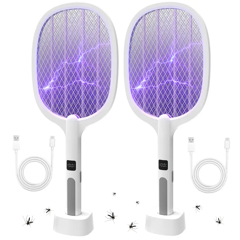Summerwins Cordless Portable Electric Fly Swatter - 2-in-1 Anti-Mosquito Bug Swatter Electronic Mosquito Killer, 3400V High-Voltage Auto+Manual Control, 1200mAh USB-C Rechargeable Li-ion Battery, 3-Layer Safety Design, UV, Indoor/Outdoor Bite Prevention,