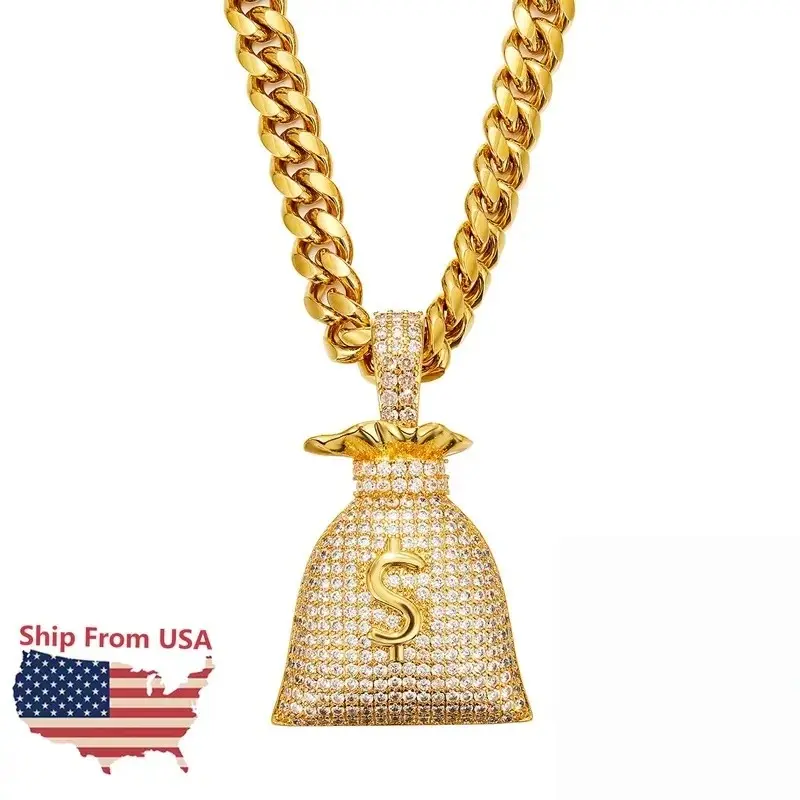 Hip Hop Money Bag CZ Cluster Pendant Iced Out Bling Cubic Zircon 18K Gold Plated Necklace with Stainless Cuban Chain casual style jewelry gift born real symbolic faith woman elegant chino link