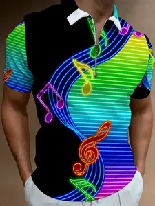 Rainbow Music Note Pattern Men's Short Sleeve Polo Shirt, Fashion Trendy Music Themed Printed Top