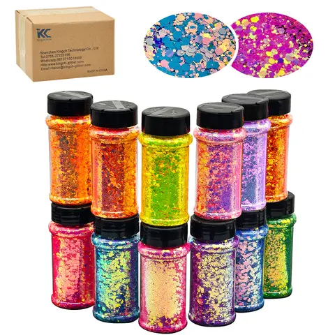 12-Color Holographic Chunky Glitter Set - 2 fl oz Bottles with Laser Bubble Beads, Glitter Makeup, Body Makeup for Manicures, Crafts & Creative Projects