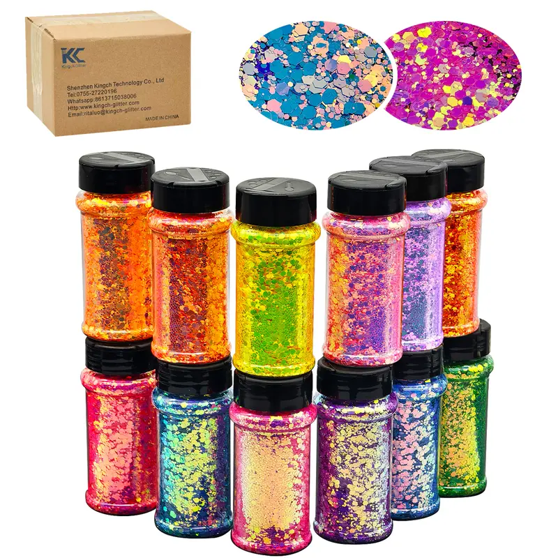 12-Color Holographic Chunky Glitter Set - 2 fl oz Bottles with Laser Bubble Beads, Glitter Makeup, Body Makeup for Manicures, Crafts & Creative Projects