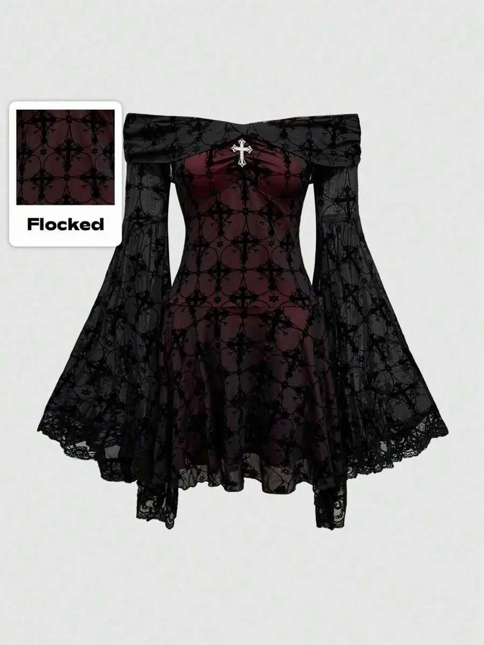 Women's Romantic Vintage Gothic Cross Flocked Strap Midi Dress, Palace Style Elegant Party Outfit
