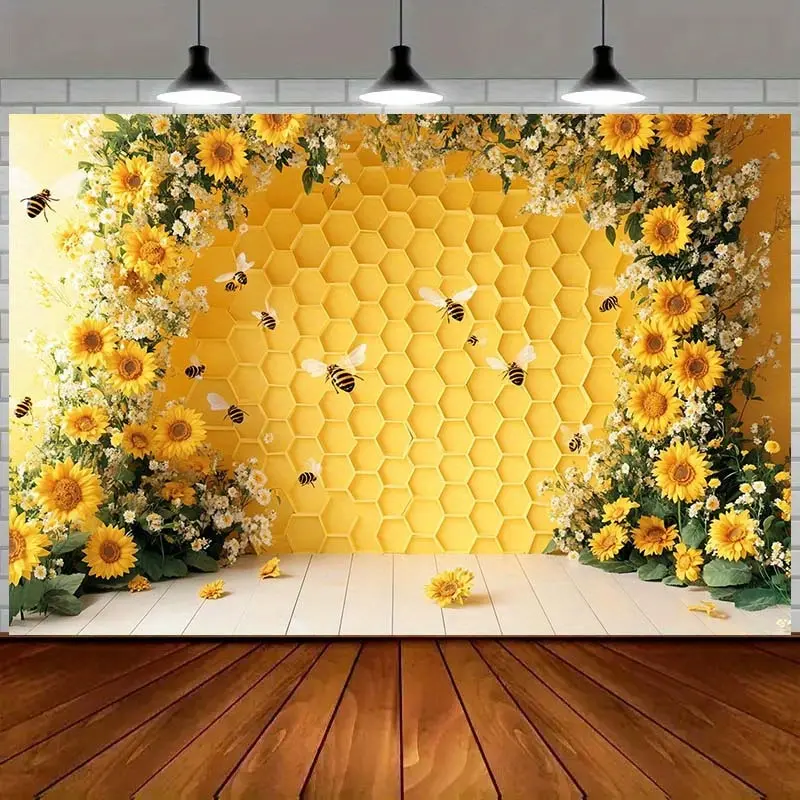 Sunflower Honeycomb Backdrop Floral Nature Backdrop Yellow Bloom Background Cloth Garden Tapestry Wall Hanging Photography Background Polyester Fiber Wedding Birthday Shower Event Party Decor Studio Prop Wall Art