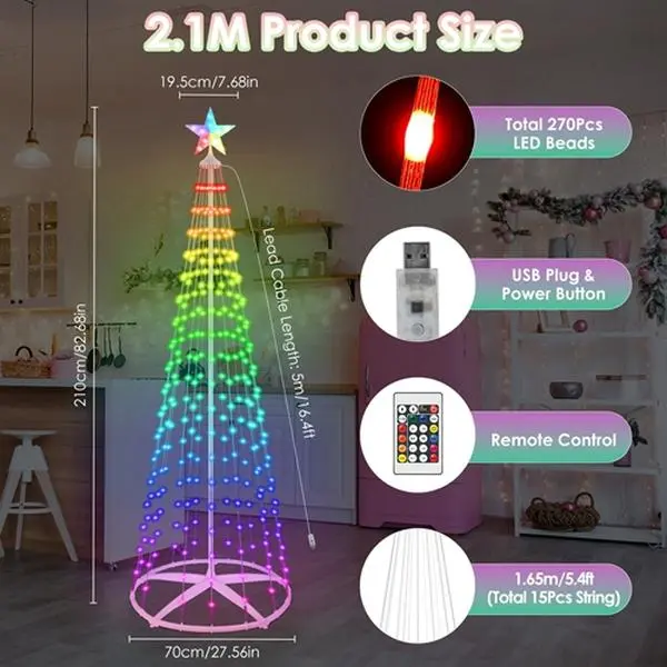 2.1M Smart Cone Tree Decoration with Star Topper, App-Controlled RGB Metal Frame with Music Sync - Waterproof for Hiking & Light Outdoor Events to Light Up Your Space