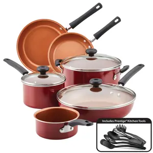 Prestige 14-Piece Aluminum Cookware Set with Nonstick Interior Glass Lids & Colorful Handles Oven Safe to 350°F Includes Kitchen Tools