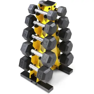 WF Athletic Supply 5-25Lb Rubber Coated Hex Dumbbell Set with a Frame Storage Rack Non-Slip Hex Shape for Muscle Toning, Strength Building & Weight Loss - Multiple Choices Available SCR HOLDING CO. INC