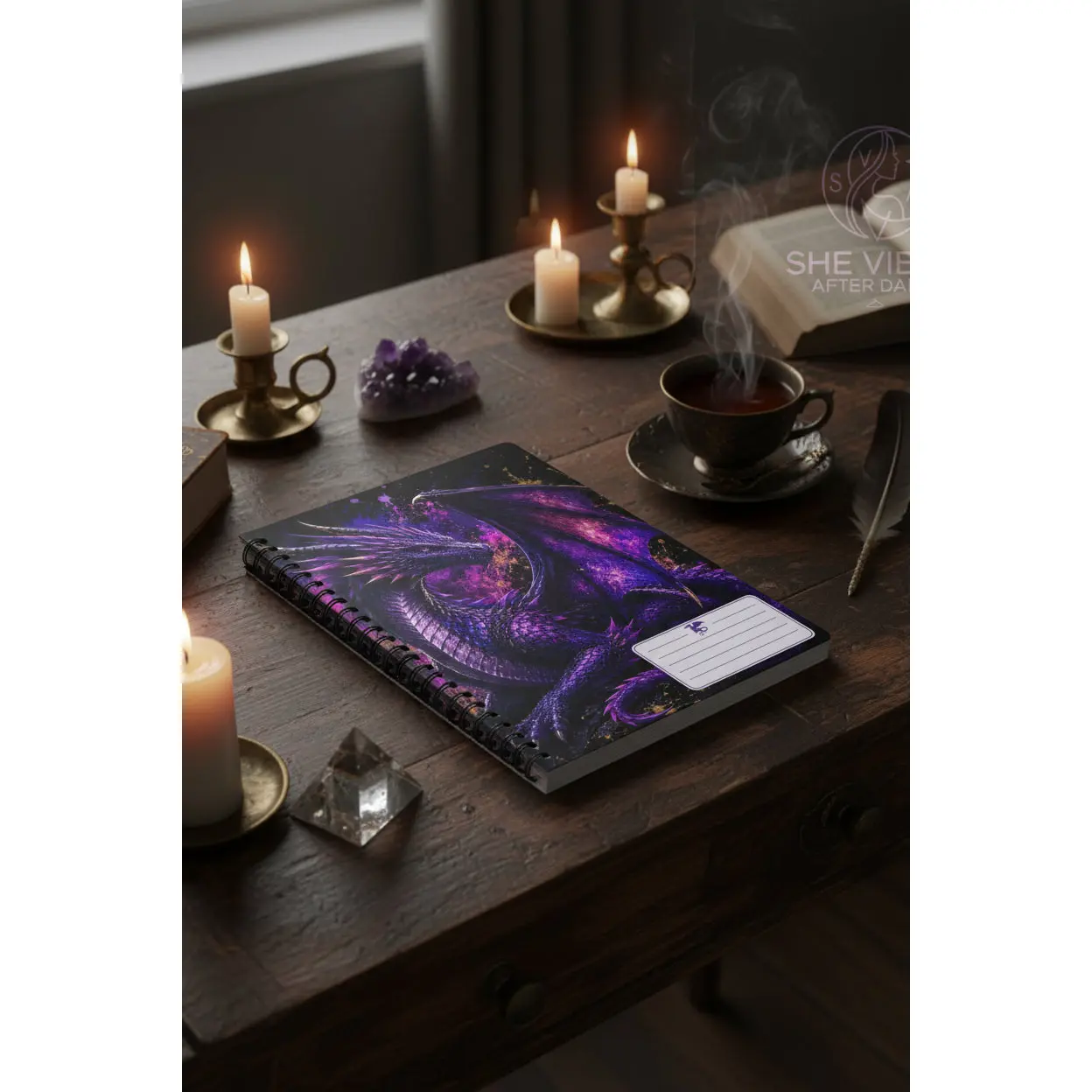 Purple Dragon A5 Wirobound Lined Notebook - Colorful Whimsical Notebook for Fantasy Fans, Office Stationery Journal, Colorful Whimsical Notebooks