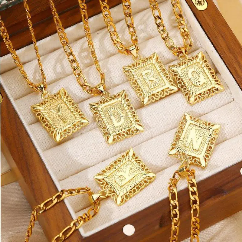 Unisex Plated Stainless Steel Square Goldplated Letters Pendant Necklace - Figaro Chain, Fashion Pendants, Chainnecklace, Alphabet Necklaces, Father’s Day Gift, Elegant Necklace, Dainty Gold Letter