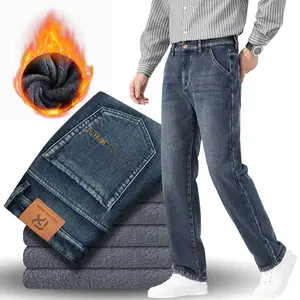 Men's Winter Thermal Fleece-Lined Jeans Casual Business Cotton-Blend Stretch Regular Length Washable Zip Fly Straight-Leg Mid-Rise Fit for Daily Wear Commuting Travel