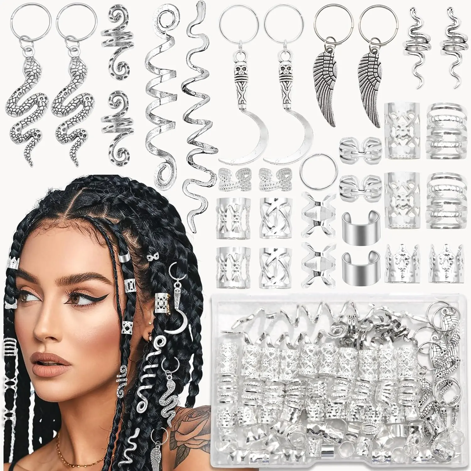 122 count  Hair  Snake Loc Charms Braids Clips Multi Style Hair Cuffs Rings Metal Dreadlock Beads Accessories Decoration for Women and Men