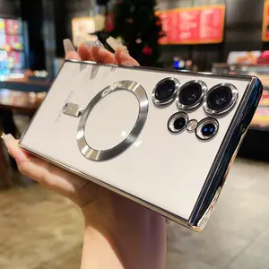 Plating Magnetic Transparent Case For Samsung S25 S24 Ultra S23 Plus S22 S21 FE Note 20 Wireless Charge Lens Protection Cover