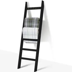 6-Tier Blanket Ladder for Living Room and Bedroom,5.4 Ft Wall Leaning Quilt Rack with Hooks,Rustic Decorative Farmhouse Blanket Storage,Stylish Ladder Holder,Christmas Decorations,Black