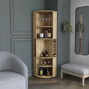 [Bellemave]Oban Corner Bar Cabinet with Five Shelves , Eight Bottle Cubbies and Steamware Macadamia
