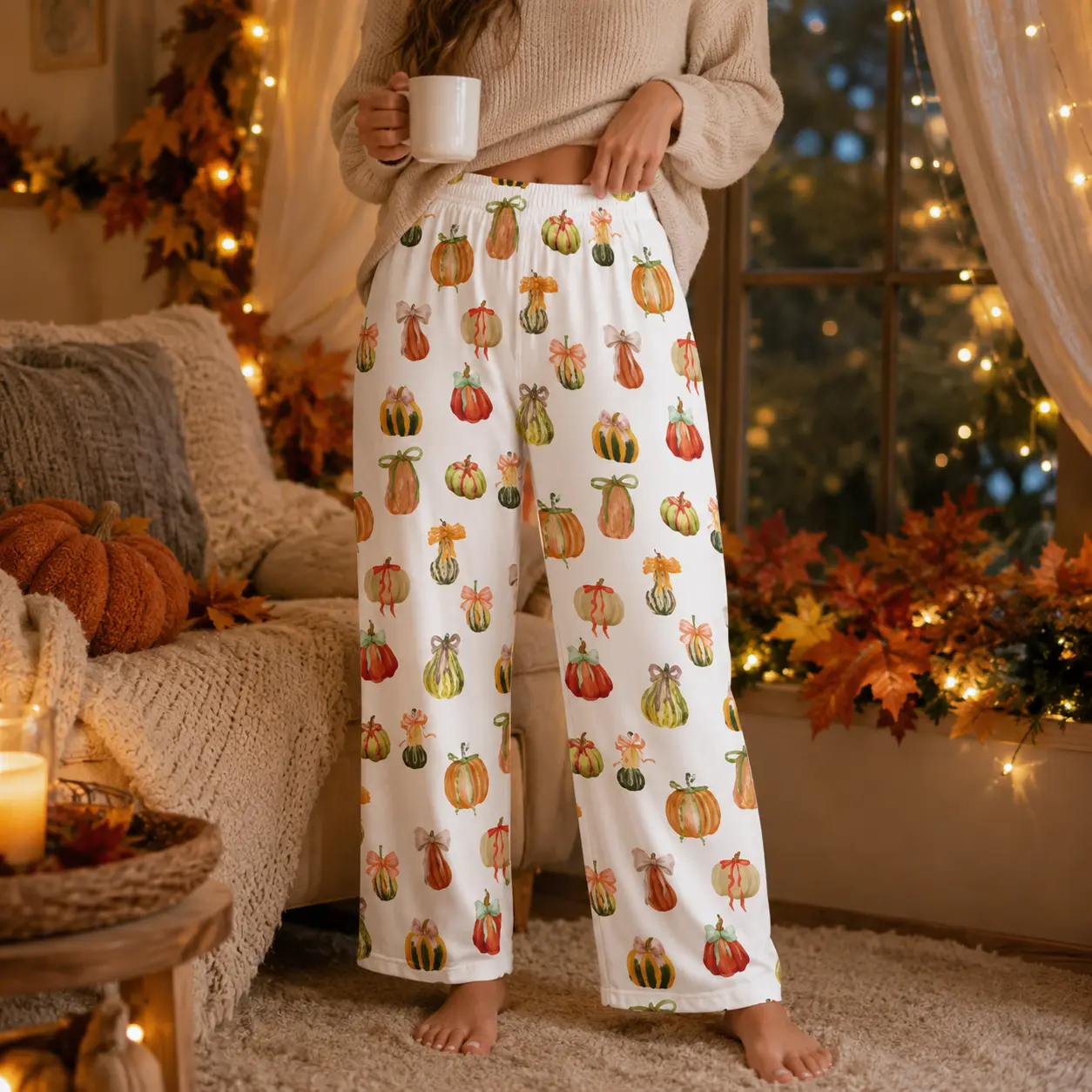 Coquette Pumpkin Pajama Pants, Bow Print Lounge Pants, Cozy Fall Sleepwear