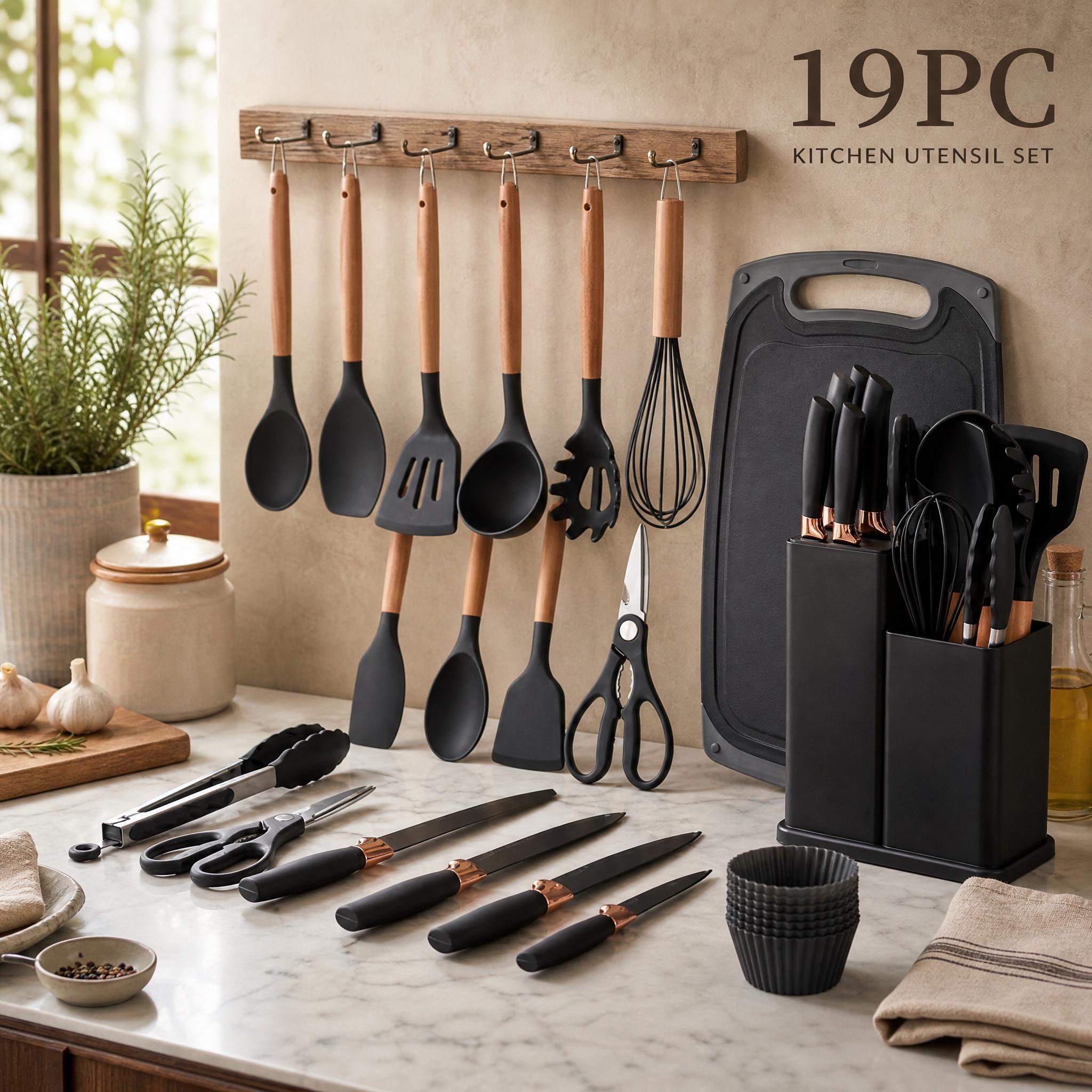 19-Piece Kitchen Supplies Set - Nonstick Silicone Cooking Utensils, 430 Food-Grade Stainless Steel Chef Knives with Wooden Handles, Professional Countertop Storage Rack for Home Kitchens
