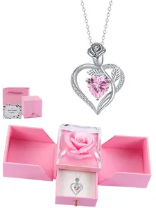 Eternal Rose Flower Gift Box with Heart Pendant Necklace, Ideal Valentine's Birthday Gift for Wife or Girlfriend, Elegant and Stylish Jewelry, Heart Shaped Necklace, Daily Wear Necklace