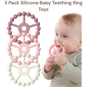 3 Pack Silicone Baby Teething Ring Toys Infant Teethers 0-24 Months Safe Teething Relief  Baby Essentials BPA Free Purple Pink White birthday gift