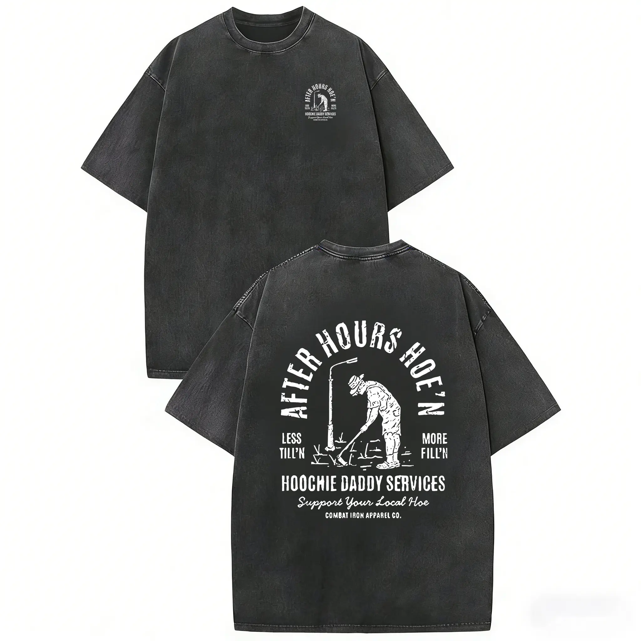 Retro washed “After-Hours Hoe'n Hoochie Daddy Services” graphic T-shirt, retro meme style men's casual shirt, bold street style T-shirt, versatile for everyday wear.